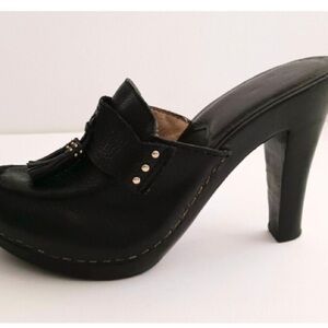 Michael Kors Pebbled Leather Wood Heeled Black Clog Tassel 7.5 Menswear Inspired